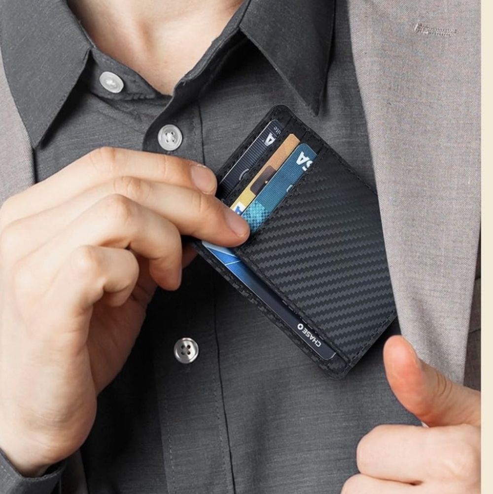 SLIM WALLET leather RFID blocker Mens Womens black minimalist EUC card gift - Picture 13 of 13